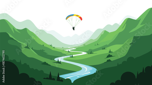 Breathtaking landscape showcasing lush green rolling mountains and a serene winding river below, with a paraglider soaring gracefully through the vibrant sky, enjoying extreme sport.