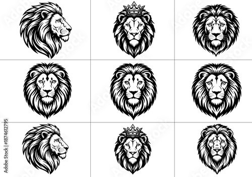 Black and white illustration of a roaring lion head, Detailed Lion Head Illustration in Black and White, a lion head roaring with its mouth open in a simple look a logo silhouette vector illustration