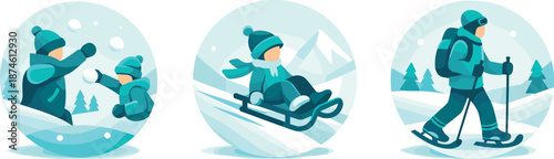 Winter Fun Icons. Outdoor winter environment visualized as snowball fights, sledding, and snowshoeing supporting cold weather