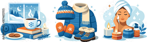 Winter Wellness Icons. Seasonal wellness landscape illustrated through cozy activities, warm clothing, and wintertime routines