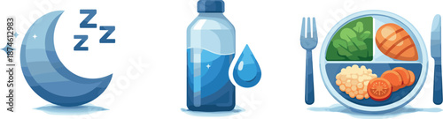 Energy Recovery Icons. Recovery framework depicted through sleep tracking, hydration, and balanced meals enhancing structured