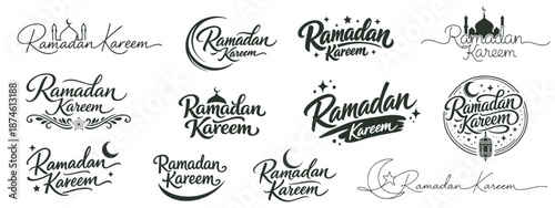 Set of 12 black Ramadan Kareem logos with elegant Islamic calligraphy, mosque, and crescent moon elements