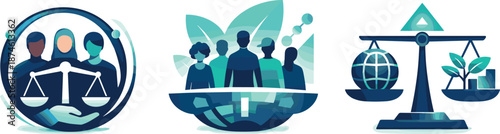 Sustainable Equality Icons. Future-focused social ecosystem expressed through adaptive fairness symbols, diverse people icons, and