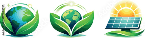 Sustainable Earth Icons. Future-focused environmental ecosystem expressed through adaptive globe icons, leaf symbols, and solar