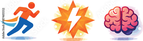 Balanced Vitality System. Physical and mental boost illustrated as balanced vitality system, three symbolic icons arranged