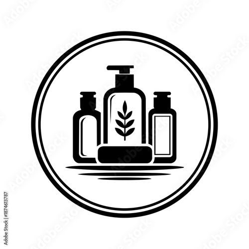 Cosmetic bottles with leaf symbol representing natural skincare routine, beauty care, and wellness products.
