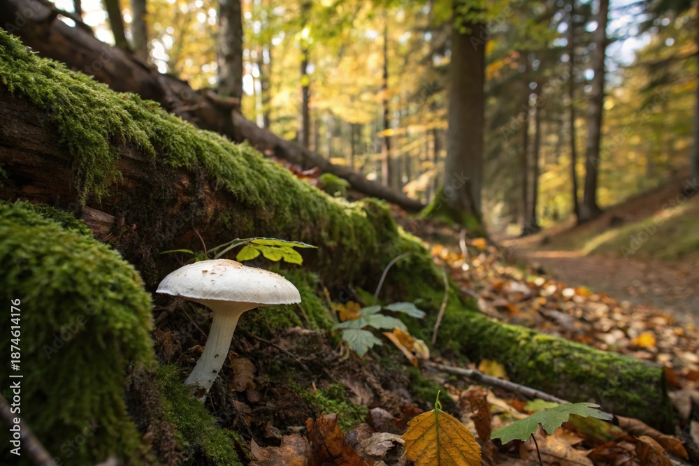 Fototapeta premium A mushroom is sitting on a mossy log in a forest