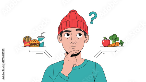 A thoughtful man stands between two choices, fast food with a burger and fries, and healthy options like an apple and broccoli, representing a lifestyle decision.