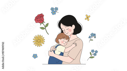 Serene mother tenderly holds her small child in a warm embrace, surrounded by delicate wildflowers and a red rose, depicting a peaceful maternal connection.