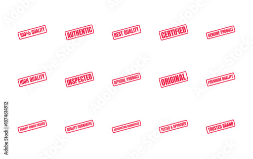Collection of red rubber stamp graphics emphasizing product quality, authenticity, and certification.