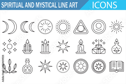 Spiritual and Mystical Line Art Icon Set Featuring Sacred Geometry, Moon Phases, Tarot Symbols and Esoteric Elements in Clean Vector Outline Style