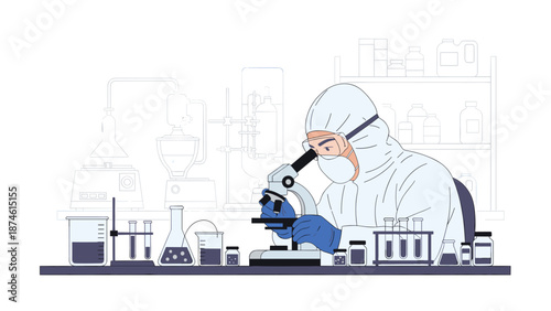Focused scientist in a full hazmat suit, mask, and goggles intently uses a microscope in a laboratory, surrounded by beakers and test tubes, conducting vital research.