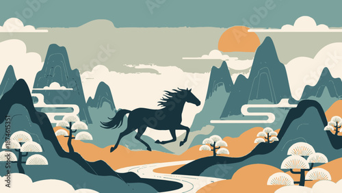 A majestic horse running through a serene mountain landscape with winding roads and trees