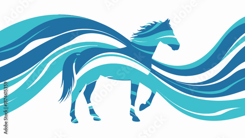 A majestic horse running freely with flowing mane and tail, depicted in a dynamic illustration with shades of blue.