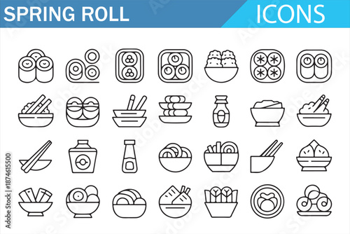 Sushi, Noodles and Spring Roll Minimal Line Icon Set