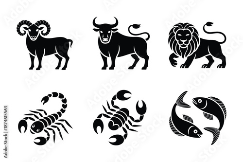 Wild animal and zodiac sign silhouette icons for astrology