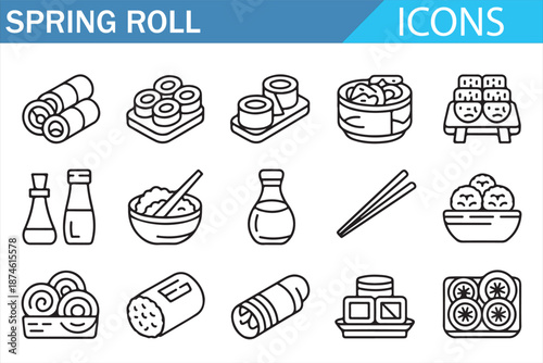 Spring Roll and Asian Food Line Icon Set Featuring Sushi, Noodles, Dumplings, Tea and Street Food in Clean Vector Outline Style