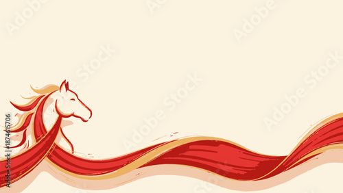 A majestic horse's head illustration with flowing mane and ribbon-like design