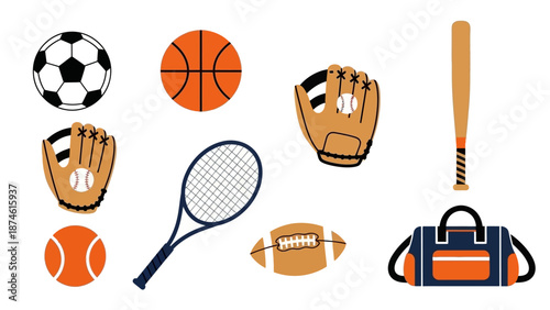 Colorful sports equipment icons: soccer, basketball, tennis, baseball, and more