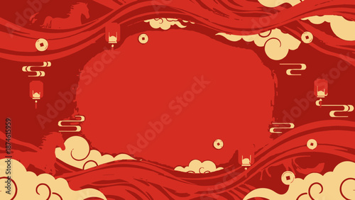 Vibrant red clouds and lanterns floating in the air