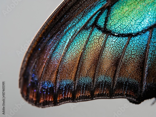 Butterfly wing macro with iridescent blue-green texture
