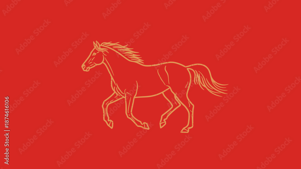 Fototapeta premium A golden horse running freely against a vibrant red background