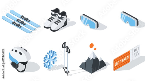 Isometric winter sports gear with skis, helmet, and lift ticket for skiing adventures
