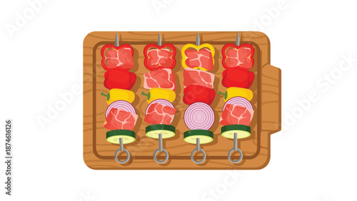 Colorful raw meat and vegetable skewers, including bell peppers, onions, and zucchini, neatly arranged on a wooden cutting board, ready for grilling or cooking.