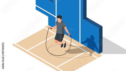 Isometric jump rope workout with skipping man in gym setting for fitness enthusiasts