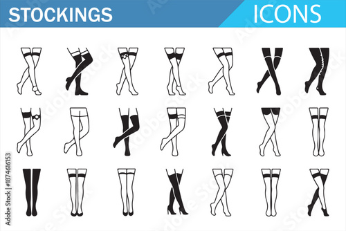 Female Legs in Stylish Stockings Minimal Vector Icon Set