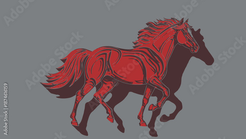 Two horses running together in a synchronized motion against a plain background