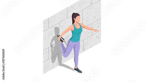 Isometric woman stretching by wall in sportswear