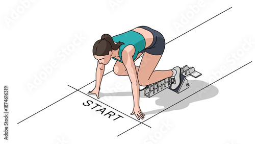 Athletic woman preparing for race start with unique computer technology concept