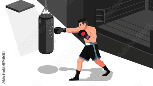 Isometric boxer training with punching bag in modern gym scene