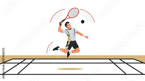 Dynamic tennis player in mid-air action on court