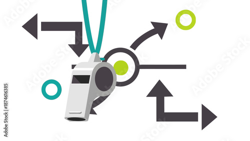 Decision making concept with whistle and diverging arrows