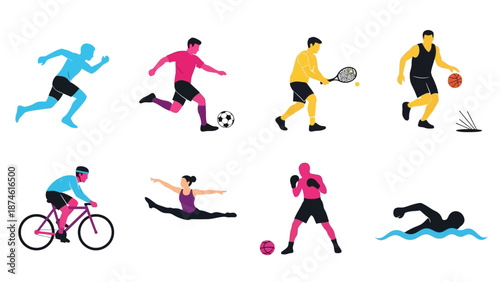 Colorful sports figures engaged in various athletic activities on white background