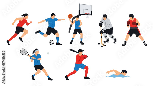 Dynamic sports silhouettes: soccer, basketball, tennis, baseball, boxing, swimming, hockey