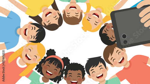 Children smiling in circle taking selfie with smartphone in cartoon style