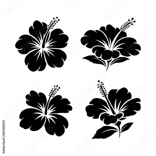 Elegant black hibiscus flower vector art set depicting tropical blooms and botanical beauty