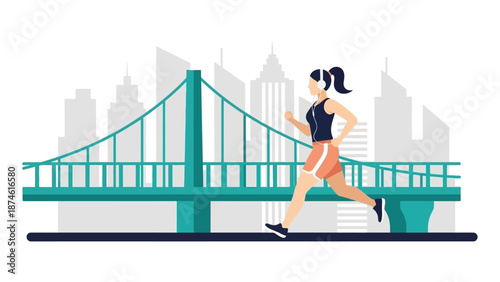 Woman jogging on city bridge with headphones in modern urban scene