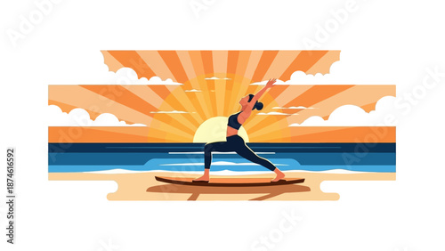 Woman practicing yoga on paddleboard at sunrise beach with vibrant sun rays