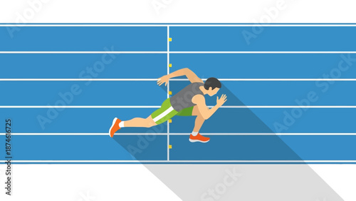 Flat design runner on blue track with long shadow in action