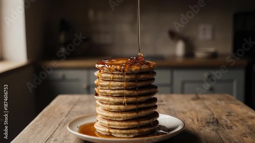 Stack of pancakes on a plate being drizzled with syrup in a rustic kitchen