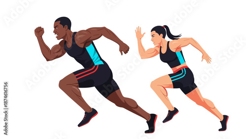 Dynamic athletic pair sprinting in activewear: energetic fitness and training scene