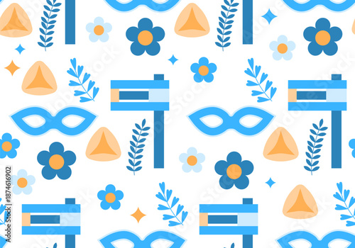 Holiday seamless pattern with Gomenash, hamantash pastry and carnival mask. Purim Background