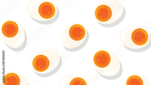 Overhead view showcasing a seamless pattern of perfectly sliced hard-boiled eggs with bright orange yolks, creating an appetizing and healthy food background.