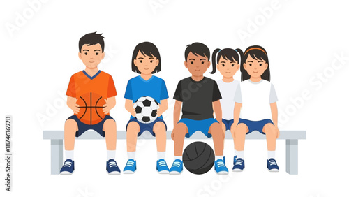 Children sitting on bench with sports balls in flat style