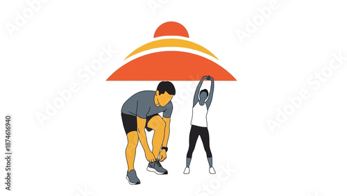 Dynamic fitness morning: stretching and jogging with rising sun motif