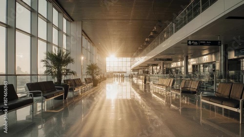 A serene airport terminal with rows of empty chairs and large windows, bathed in natural light, awaiting travelers on a tranquil day